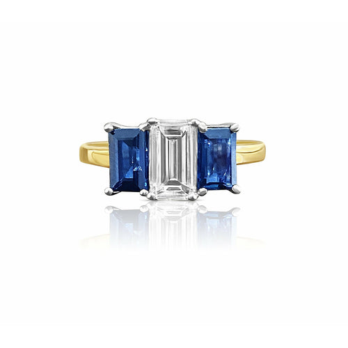 0.92 carat GIA certified Emerald Cut Diamond Engagement ring with Blue Sapphires