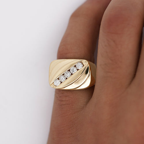 1 Carat Diagonal Diamond Channel Set 14K Gold Vintage Mens Ring