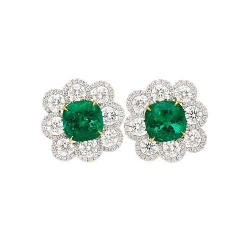 10 Carat Colombian Emerald GRS Certified Cushion Cut Minor Oil Diamond Earrings