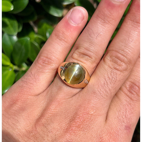 12 Carat Chrysoberyl Cats Eye Mens Ring With Baguette Diamond Sides in 18K Gold