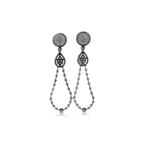 14K White Gold Diamond Halo Forming Circle Hang Drop Earrings