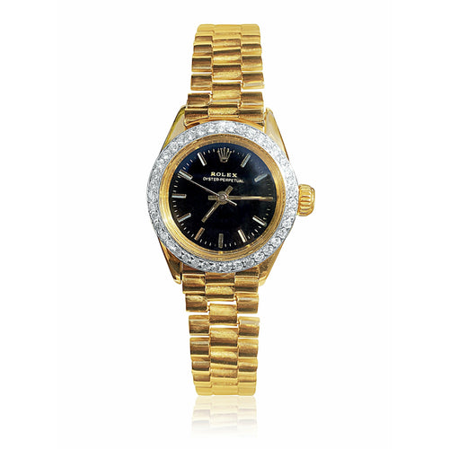 26mm Rolex Oyster Perpetual Black Face and Diamond Bezel Rolex in 18k Gold