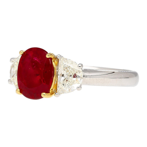 2.19 Carat No Heat Burma Ruby & Trapezoid Diamond 3 Stone Ring