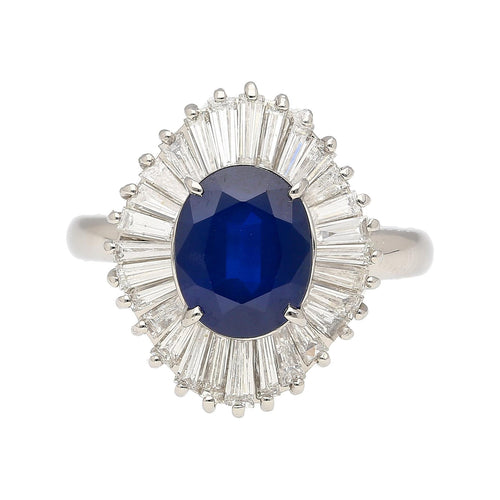 2.58 Carat Oval Cut Blue Sapphire and Diamond Halo Platinum Ballerina Ring