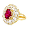 2.58 Carat Oval Thai Ruby & Triple Diamond Halo Retro Wide Frame Ring