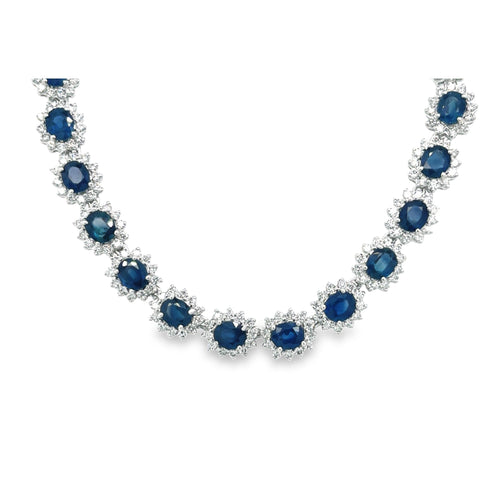 36 Carat Oval Cut Blue Sapphire & Diamond Choker Necklace in 18K White Gold