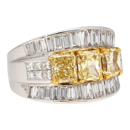 3.28 Carat TW Natural Radiant Cut Fancy Yellow Diamond 3-Stone Ring in 18K White Gold