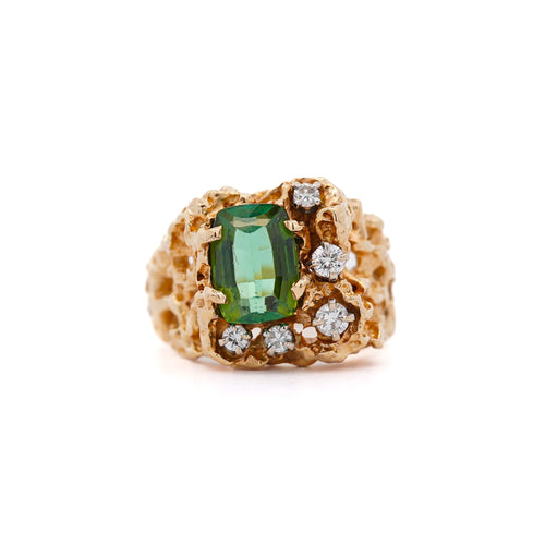 3.5 Carat Green Tourmaline 14K Gold Nugget Mens Ring