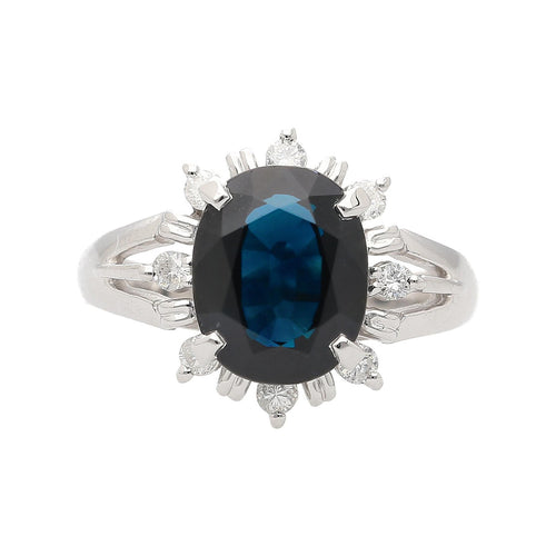 3.62 Carat Oval Blue Sapphire and Diamond Halo Platinum Split Ring