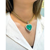 44 Carat Heart Shaped Emerald Pendant with Round Cut Diamond Halo in 18K Gold Necklace