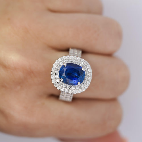 4.73ct GRS Certified Oval Blue Sapphire with Double Diamond Halo Ring