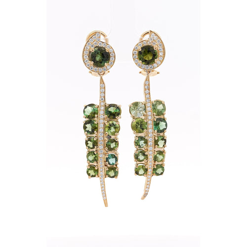 5 Carat Round Cut Green Tourmaline and Diamond Dangle Drop Earrings