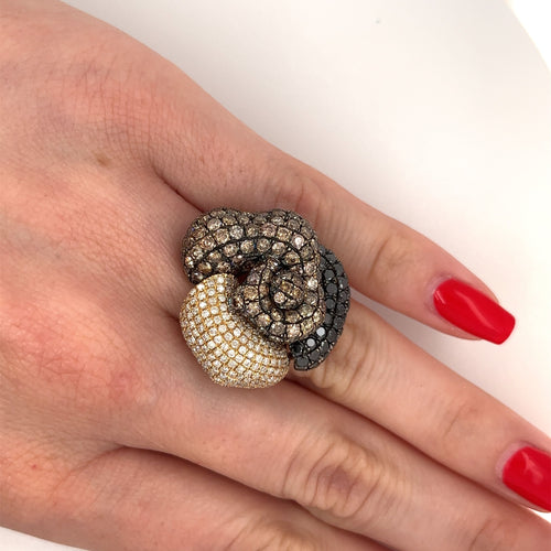 6 Carat TW Black, Brown, & White Diamond Cluster Flower Ring in 18K Yellow Gold