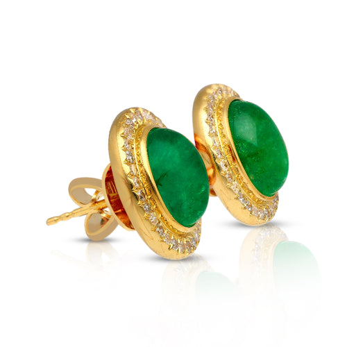 8.47 Carat Cabochon Emerald and Diamond Halo Earrings in 18K Gold