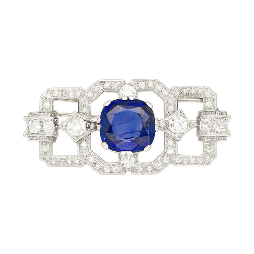 8.64 Carat AGL Certified Ceylon Cushion Cut Blue Sapphire and Diamond Brooch Pin