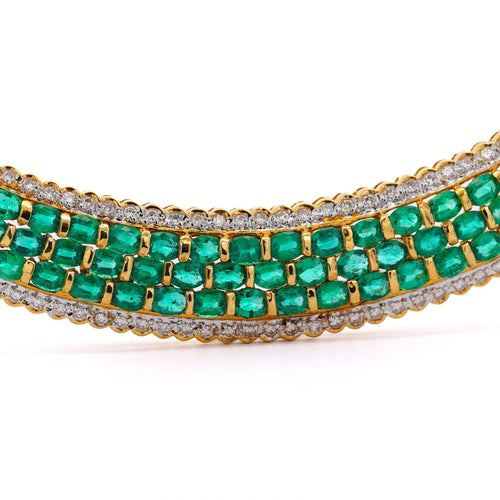 9.6 Carat Natural Emerald & Diamond Herringbone Style 18K Gold Necklace