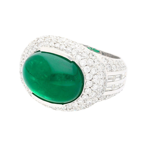 AGL Certified 10 Carat Cabochon Cut Minor Oil Emerald and Diamond Cluster Ring in 18K White Gold