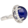 AGL Certified 16.68 Carat Cabochon Cut Ceylon Blue Sapphire Ring with Diamond Halo and Filigree Set 18K White Gold