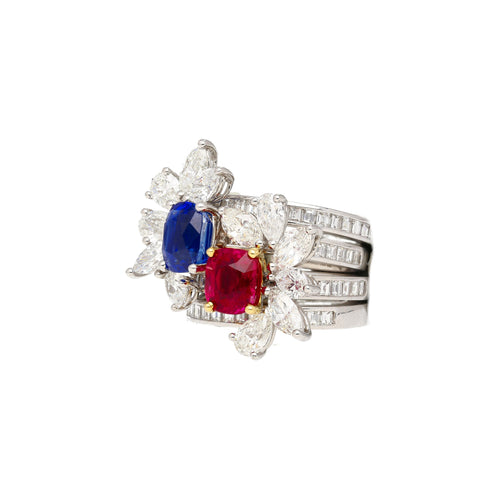 AGL Certified 8 Carat No Heat Kashmir Sapphire, Burma Ruby, & Diamond Stack Ring