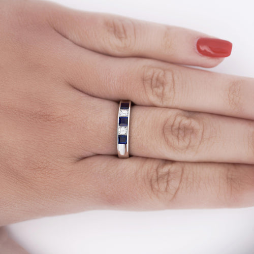 Blue Sapphire and Diamond Platinum Channel Set 4mm Band Ring