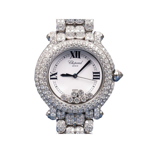 Chopard 18k White Gold Happy Sport 26mm Ladies Diamond Quartz Bracelet Watch