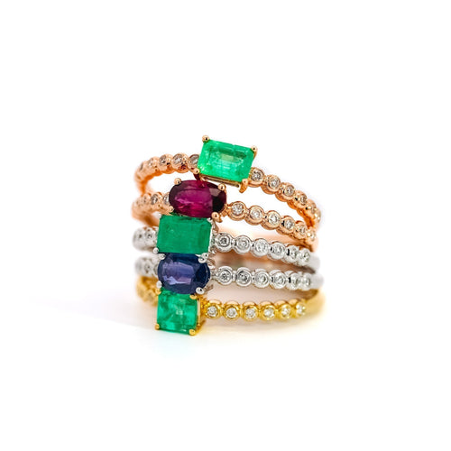 Emerald & Diamond Ribbed Shank Thin Stacking Ring 18K Gold