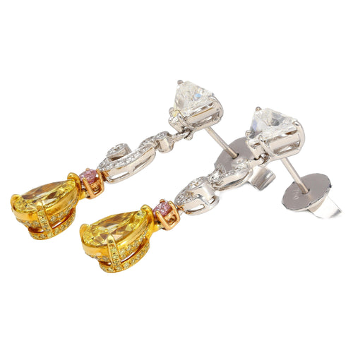 Fancy Vivid Yellow, Pink Diamond and GIA Diamond 18K Earrings