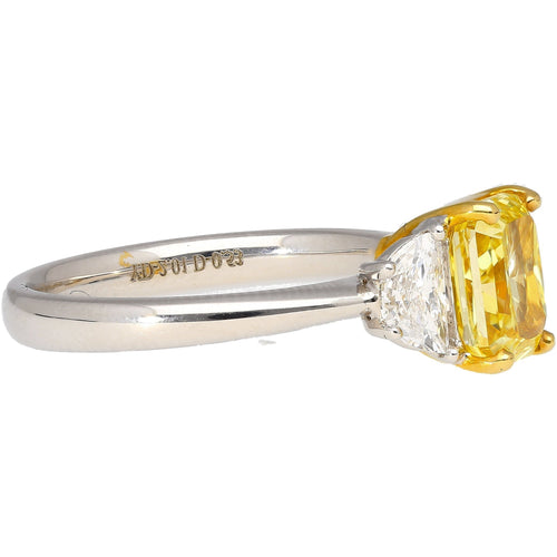 GIA Certified 2 Carat Fancy Vivid Yellow Radiant Cut Diamond 3-Stone Ring With Half Moon Diamond Side Stones