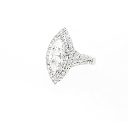 GIA Certified 2.38 Carat Marquis-Cut, H Color, Si1 Clarity Diamond set in 18k white gold and diamond halo ring