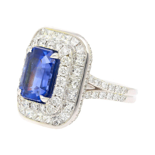 GIA Certified 6 Carat Emerald Cut No Heat Burma Blue Sapphire & Diamond Ring