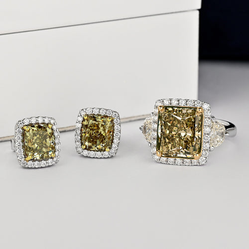 GIA Certified Fancy Brownish Greenish Yellow Diamond Stud Earrings & Ring Set