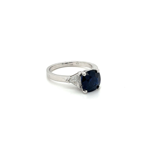 GIA Certified No Heat Blue Sapphire & Trillion Cut Diamond 3-Stone Engagement Ring