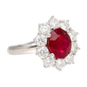 GRS Certified 3 carat Vivid Red "Pigeon Blood" Oval Cut Burma Ruby Ring with Diamond Halo