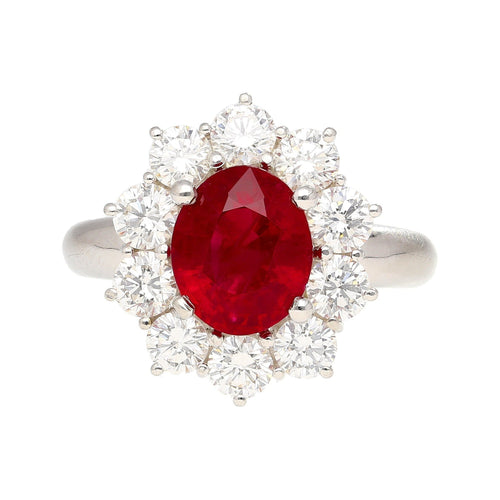 GRS Certified 3 carat Vivid Red "Pigeon Blood" Oval Cut Burma Ruby Ring with Diamond Halo