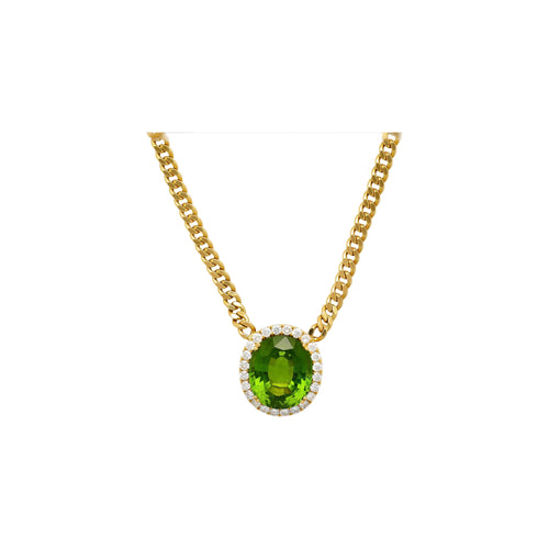 GRS Certified 51 carat Green Oval Cut Peridot with Diamond Halo in 18K Gold Cuban Chain Setting Pendant Necklace