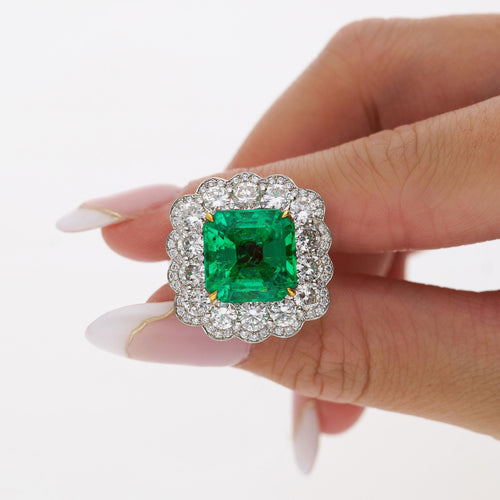 GRS Certified 8.04 Carat Minor Oil Colombian Emerald & Diamond Halo Ring