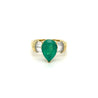 Natural 3.22 Carat Pear Cut Colombian Emerald With Baguette Diamond Side Stone Ring