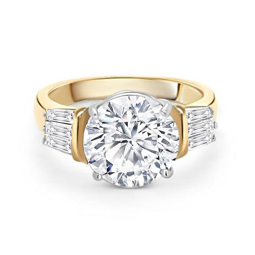 Natural 4.21 Carat Round Diamond Engagement Ring With Baguette Diamonds in Two Tone 18k Gold