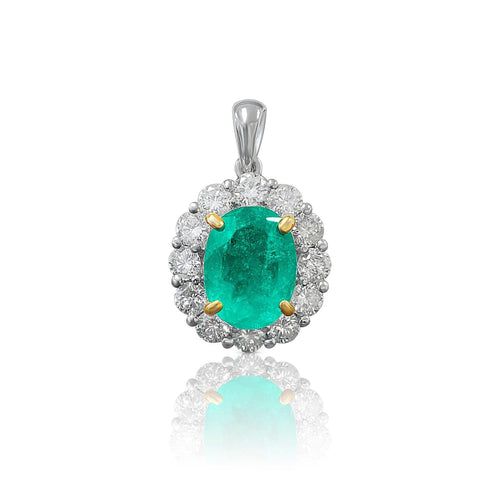 Natural Emerald Pendant and Diamond Halo in 18k Solid White Gold