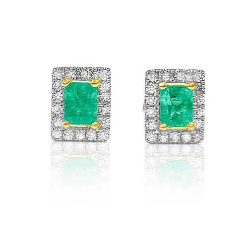 Natural Emerald Stud Earrings with diamond halo in 18k Solid Gold