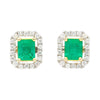 Natural Emerald and Diamond Halo Stud Earrings in 18K White Gold