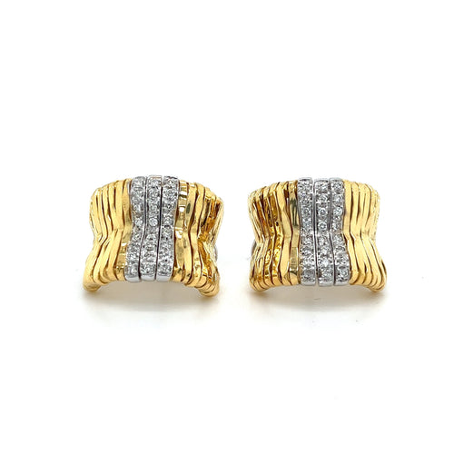 Orlandini Signed 18K Two Tone Gold Ribbed Bar Hug Hoop Earrings with Round Cut Diamonds