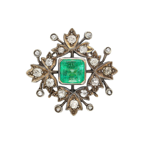 Victorian-Era Brooch With 3.12 Carat No Oil Colombian Emerald & Old Cut Diamonds