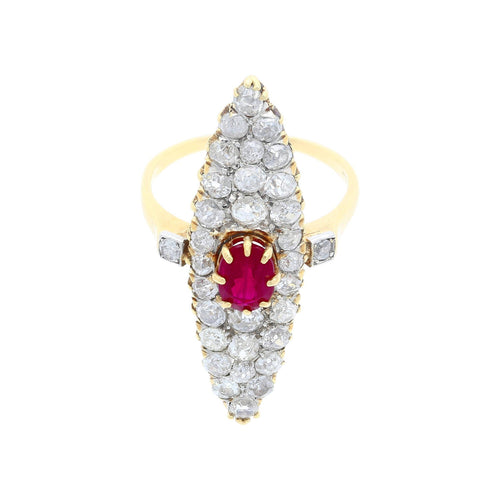 Vintage 14K Yellow Gold Old-Cut Ruby and Diamond Cocktail Long Ring