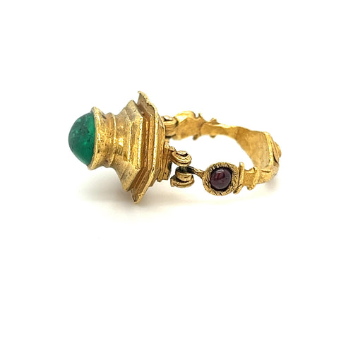 Vintage 22K Gold Egyptian Revival Cabochon Cut Emerald and Garnet Ring