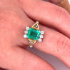 Vintage 2.77 carat Colombian Emerald and Trillion Cut Diamonds in 18k Gold Ring