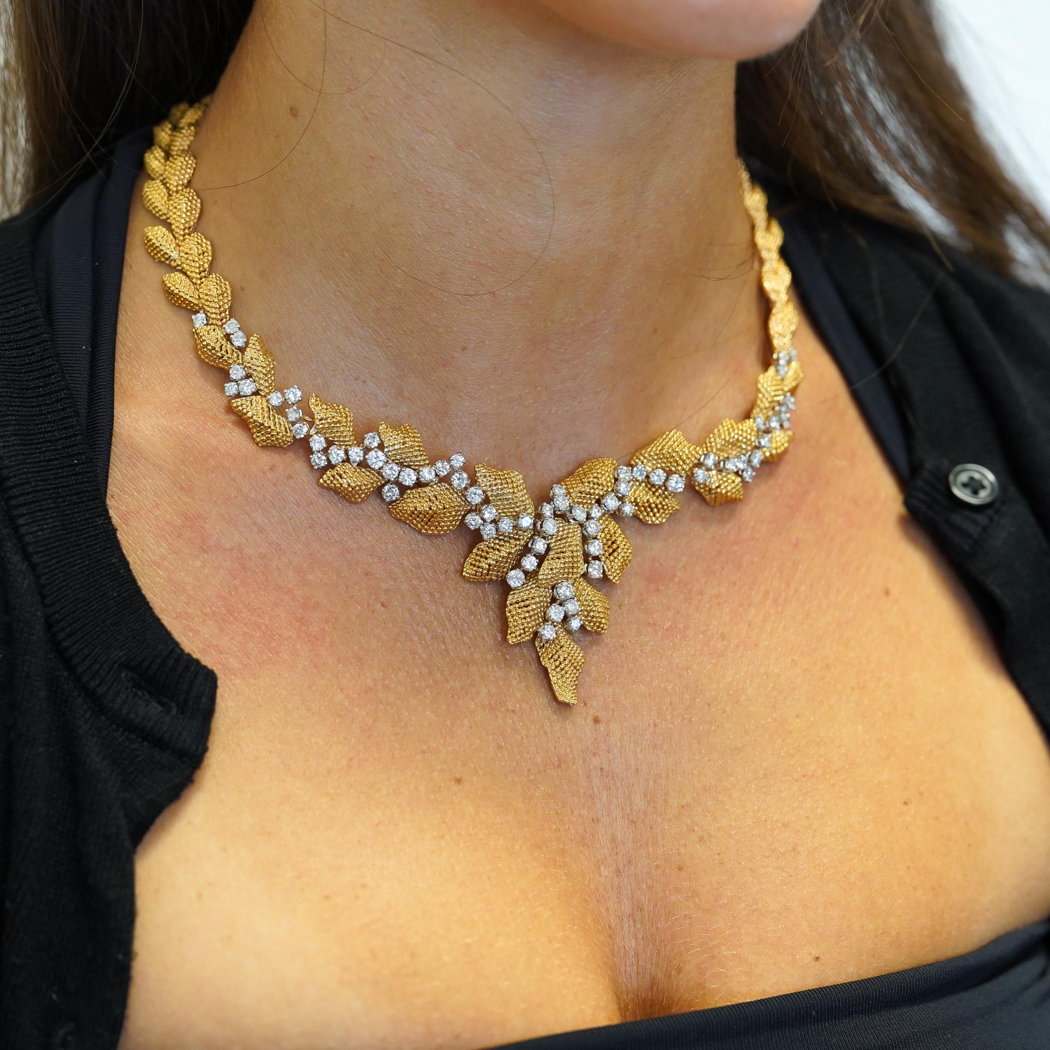 Vintage 7.3 Carat Diamond 18K Gold Textured Floral Leaf Chandelier Necklace