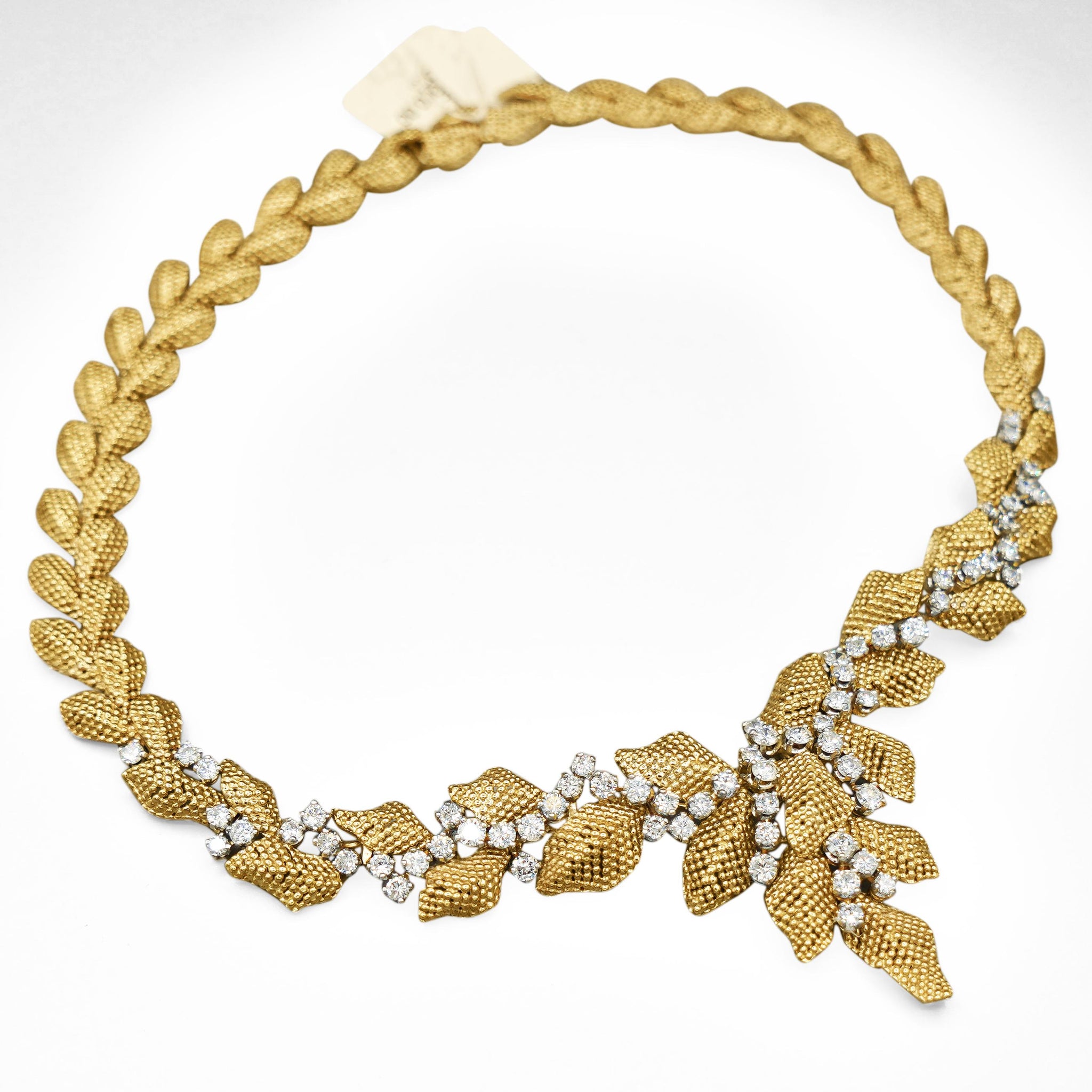 Vintage 7.3 Carat Diamond 18K Gold Textured Floral Leaf Chandelier Necklace