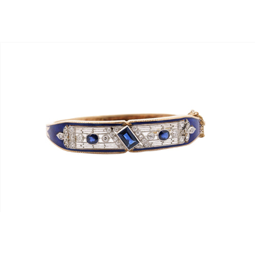 Vintage Art Deco Estate Blue Sapphire, Diamond & Enamel Bangle Bracelet