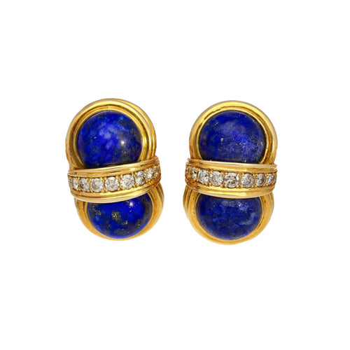 Vintage Retro Cabochon Lapis Lazuli 18K Gold Clip-On Earrings and Ring Set